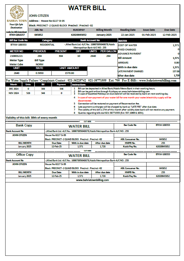 Pakistan Bahria Town utility bill template in Word and PDF formats